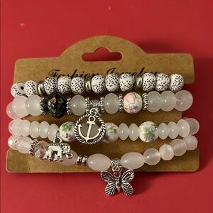 Fashion Jewelry White and Silver Beaded Bracelet Set
